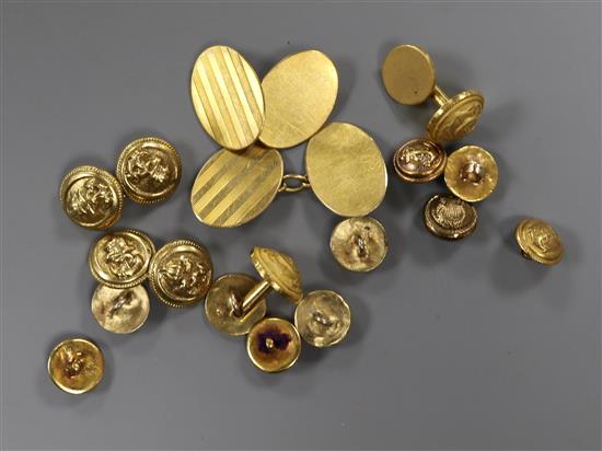 A pair of 18ct gold oval engine-turned cufflinks and a collection of gilt naval buttons, dress studs and cufflinks